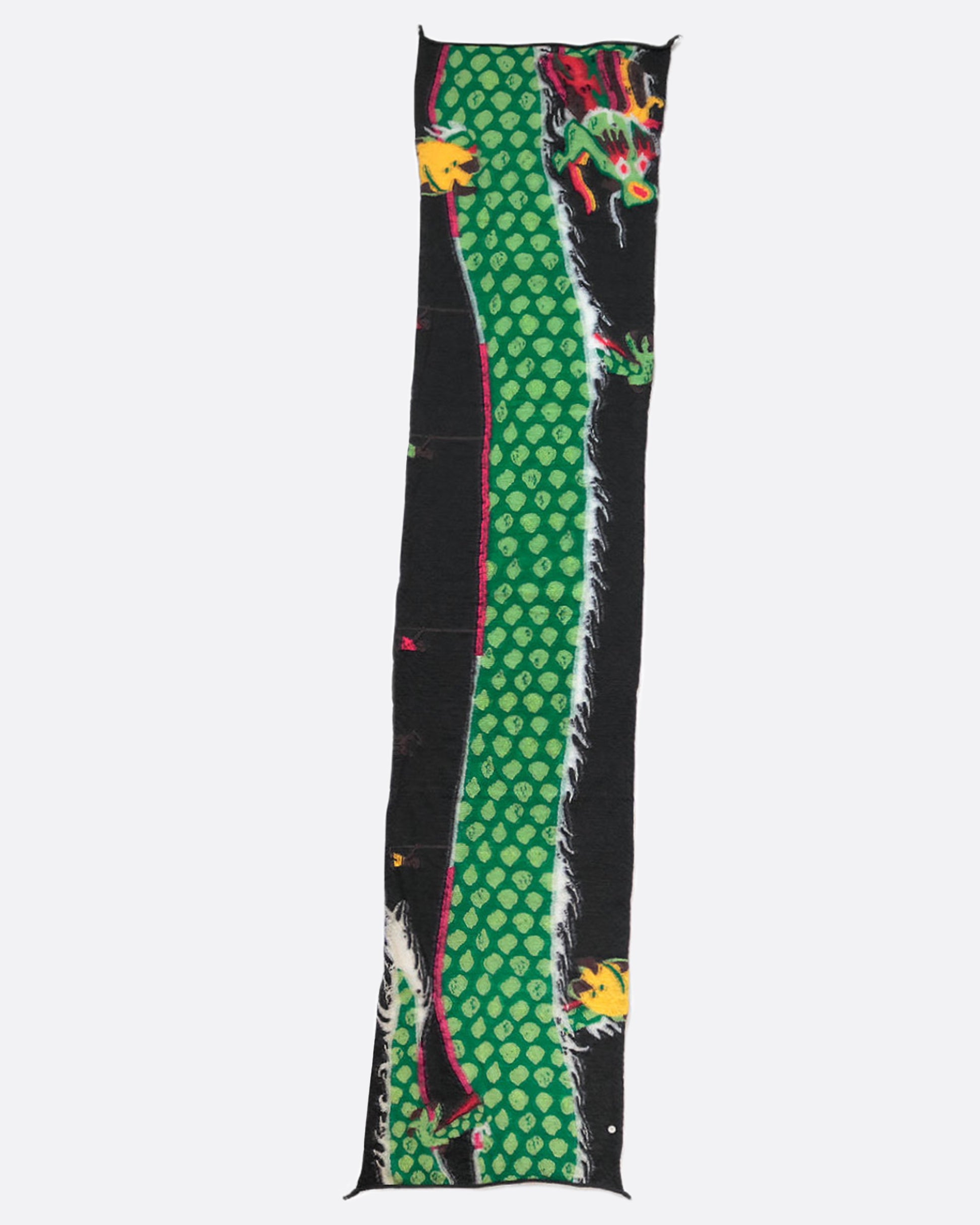 A wool scarf featuring a traditional Chinese dragon dance designed using shades of green and black.