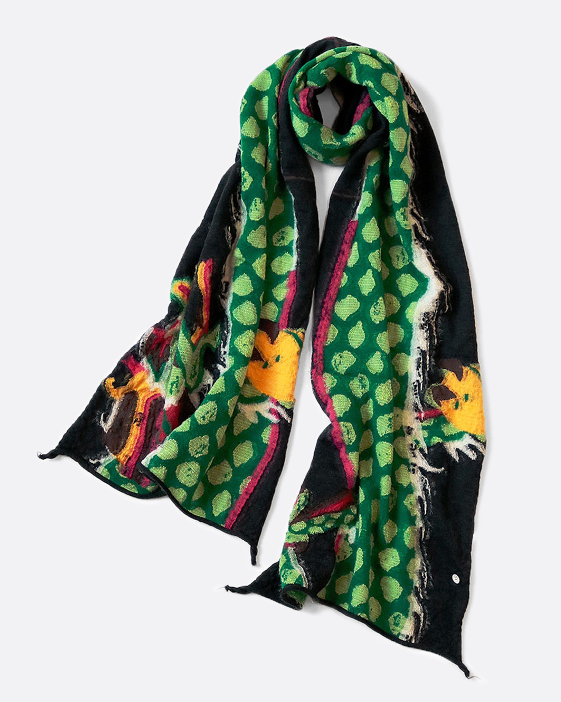 A wool scarf featuring a traditional Chinese dragon dance designed using shades of green and black.