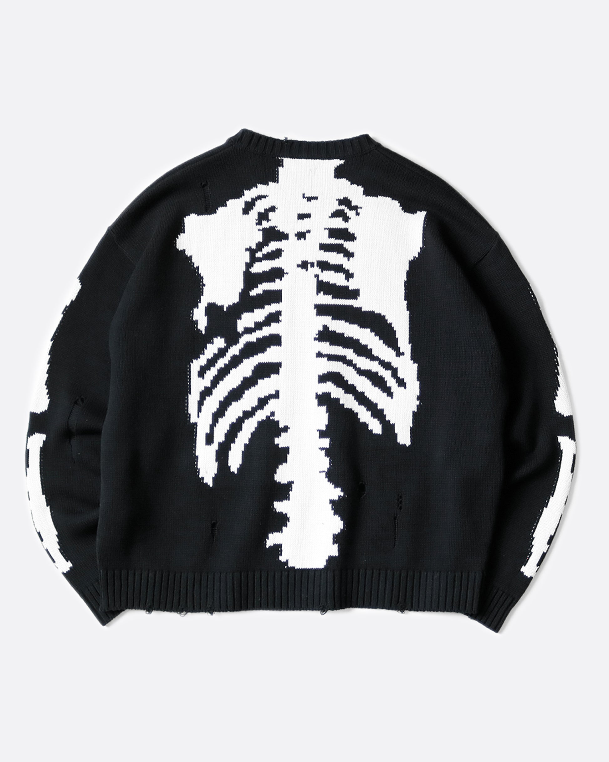 A distressed, black crewneck sweater with Kapital's beloved bone design on the back and sleeves.