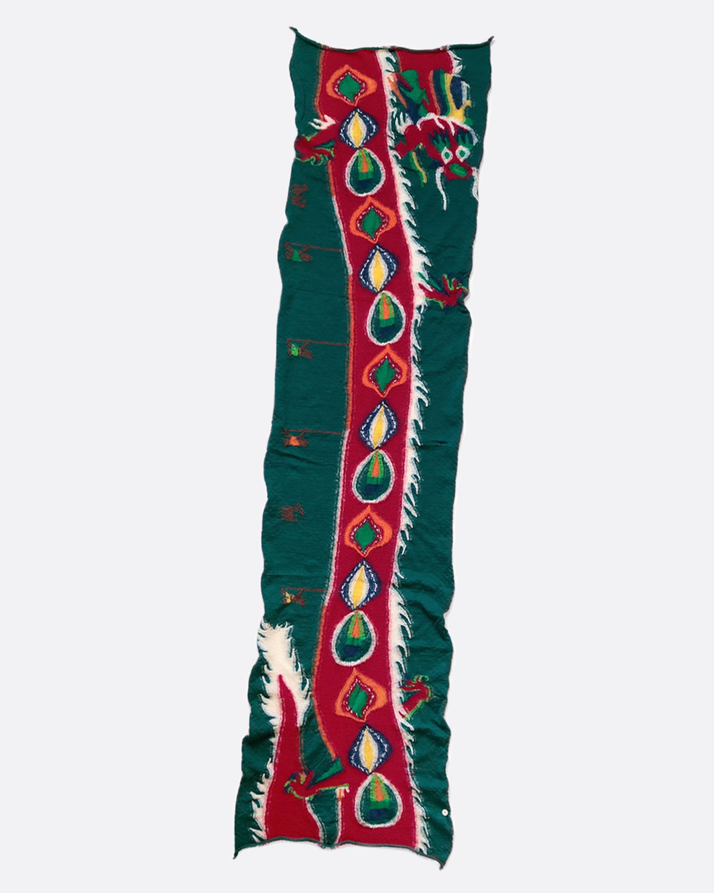 A wool scarf featuring a traditional Chinese dragon dance designed using bright colors and glitter thread.