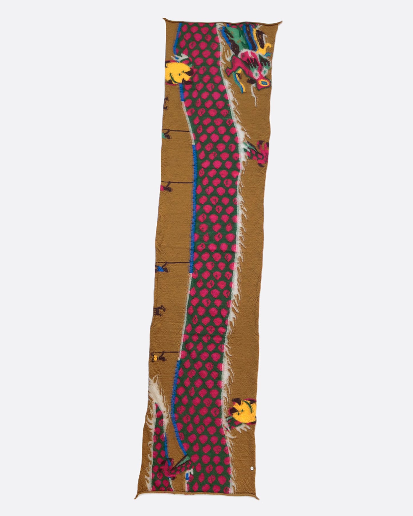 A wool scarf featuring a traditional Chinese dragon dance designed using shades of red, blue and mustard.