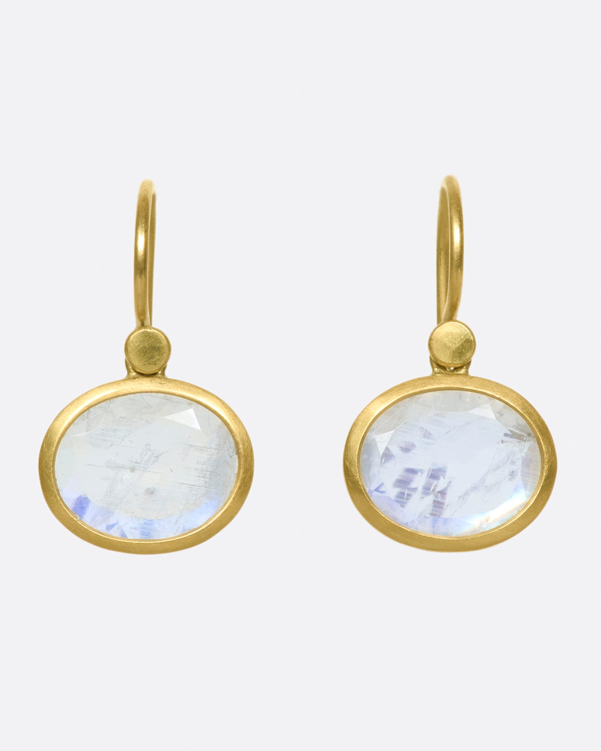 18k gold dangling earrings with oval moonstone drops