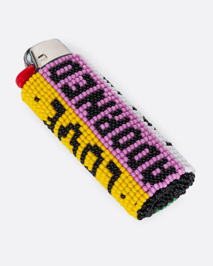Beaded lighter cover, yellow and pink cover spelling Love Adorned