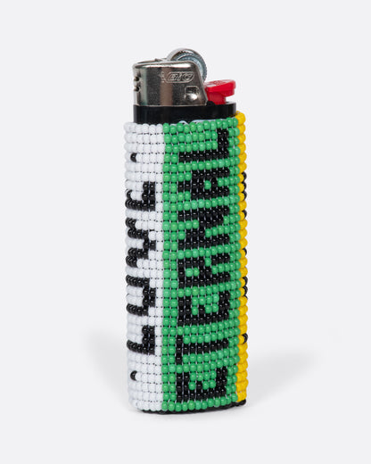 Love Adorned beaded lighter cover on a lighter, with green, black and white beads spelling Love and Eternal