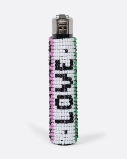 Beaded lighter cover, pink and white cover spelling Love
