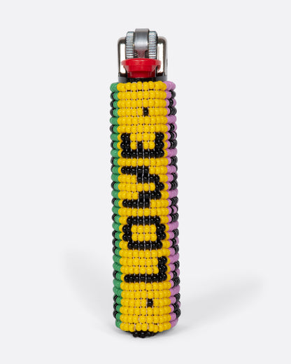 Beaded lighter cover, yellow and green cover spelling Love