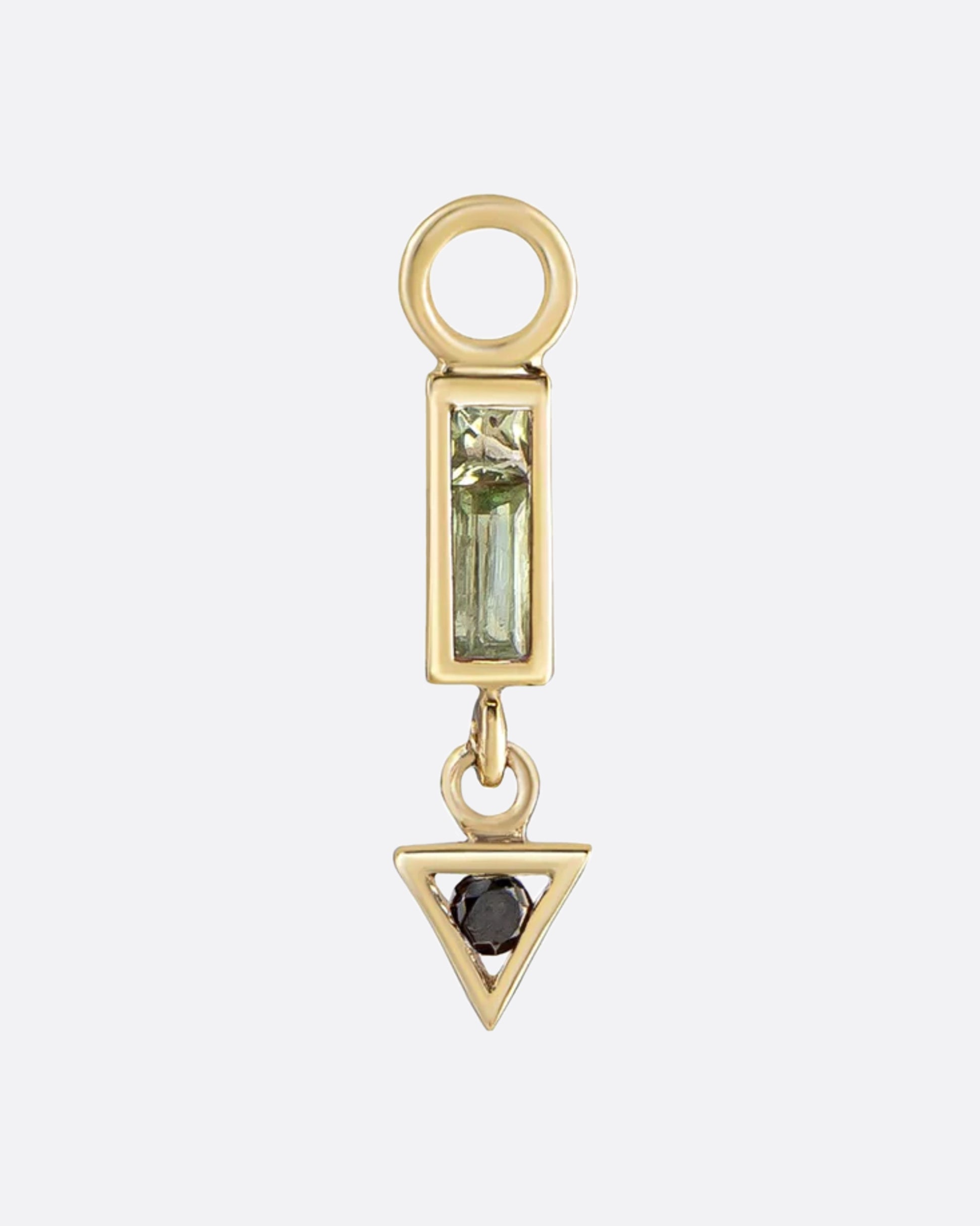 A two-tone arrow charm in shades of green and black with a bit dark, a little color, yet still kind of neutral; the best of all worlds.