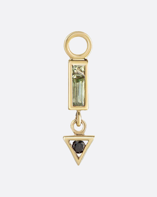 A two-tone arrow charm in shades of green and black with a bit dark, a little color, yet still kind of neutral; the best of all worlds.