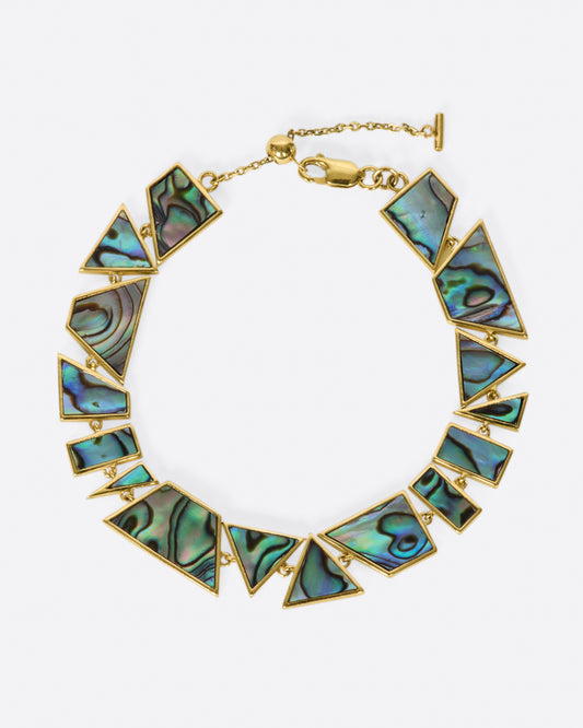 With swirls of green, blue and chocolate, this abalone shell bracelet looks like geometric pieces of a rippling pond laid around your wrist.