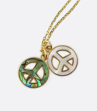 Abalone and mother of pearl peace sign pendants on a long, diamond cut chain.