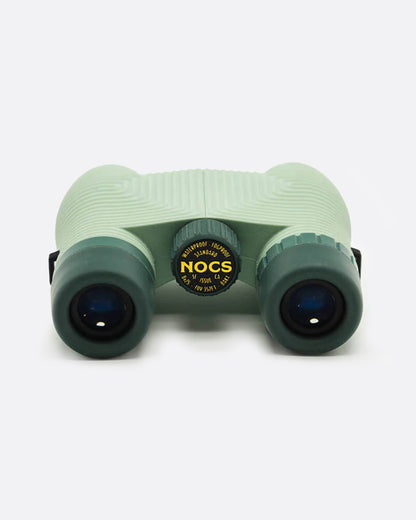 Pale blue compact binoculars, front view of the lenses
