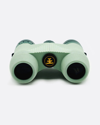 Pale blue compact binoculars, back view of the eyepieces