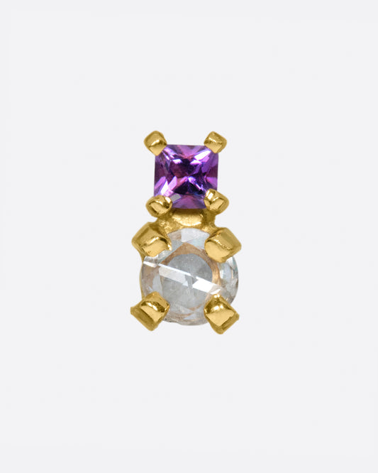 A rose cut diamond stacked with a princess cut, bright purple amethyst.