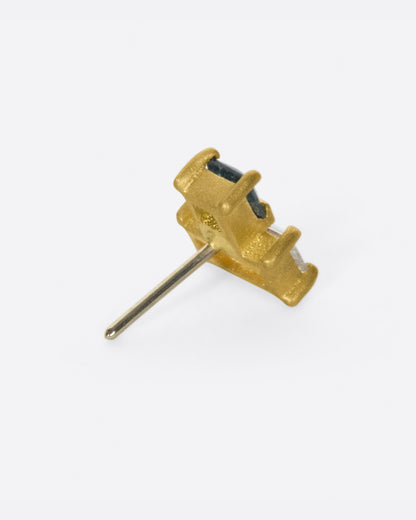 Yellow gold teal sapphire and diamond threadless earring, side view showing the prongs and pin