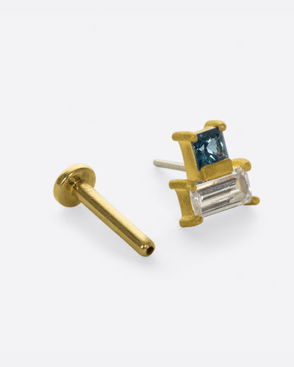 Yellow gold teal sapphire and diamond threadless earring, shown with its flat-back post