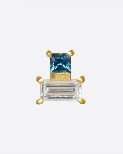 Lori Leven threadless flat-back earring in yellow gold, a square teal sapphire set above a baguette diamond in gold prongs
