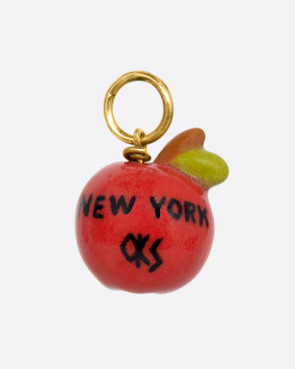 Porcelain red apple face charm, back with New York painted in black