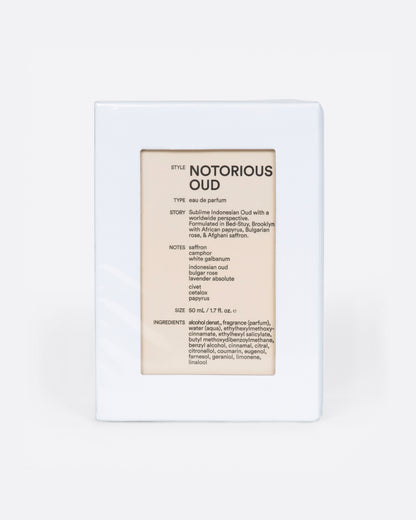 Notorious Oud perfume bottle, the box showing the scent notes