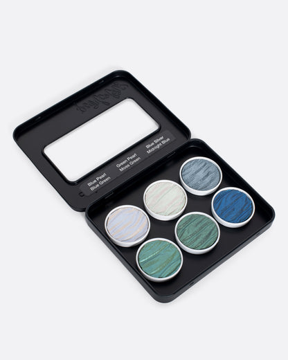 Finetec Pearlcolor paint set in Ocean Blues, six pearl watercolors in blues and greens in a square black metal case