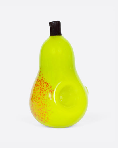 Humble Pride hand-blown glass pipe shaped like a pear, bright green with a speckled orange blush and dark stem