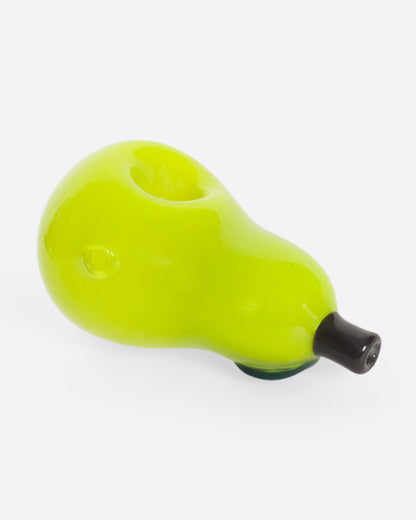 Green glass pear pipe laid on its side showing the bowl