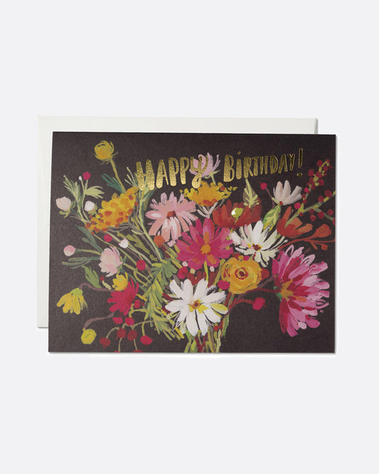A painterly, foiled card to wish someone a happy birthday with a big bouquet of flowers.