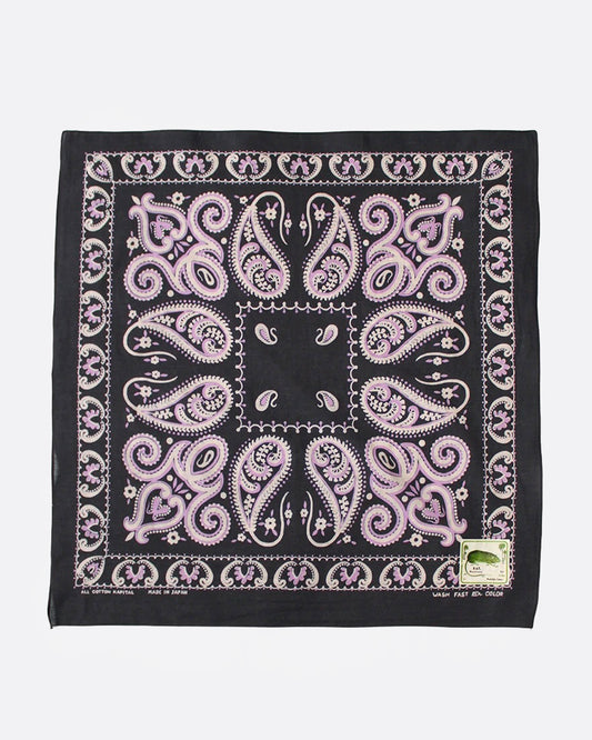 A black bandana with pink paisley print, shown from the front.