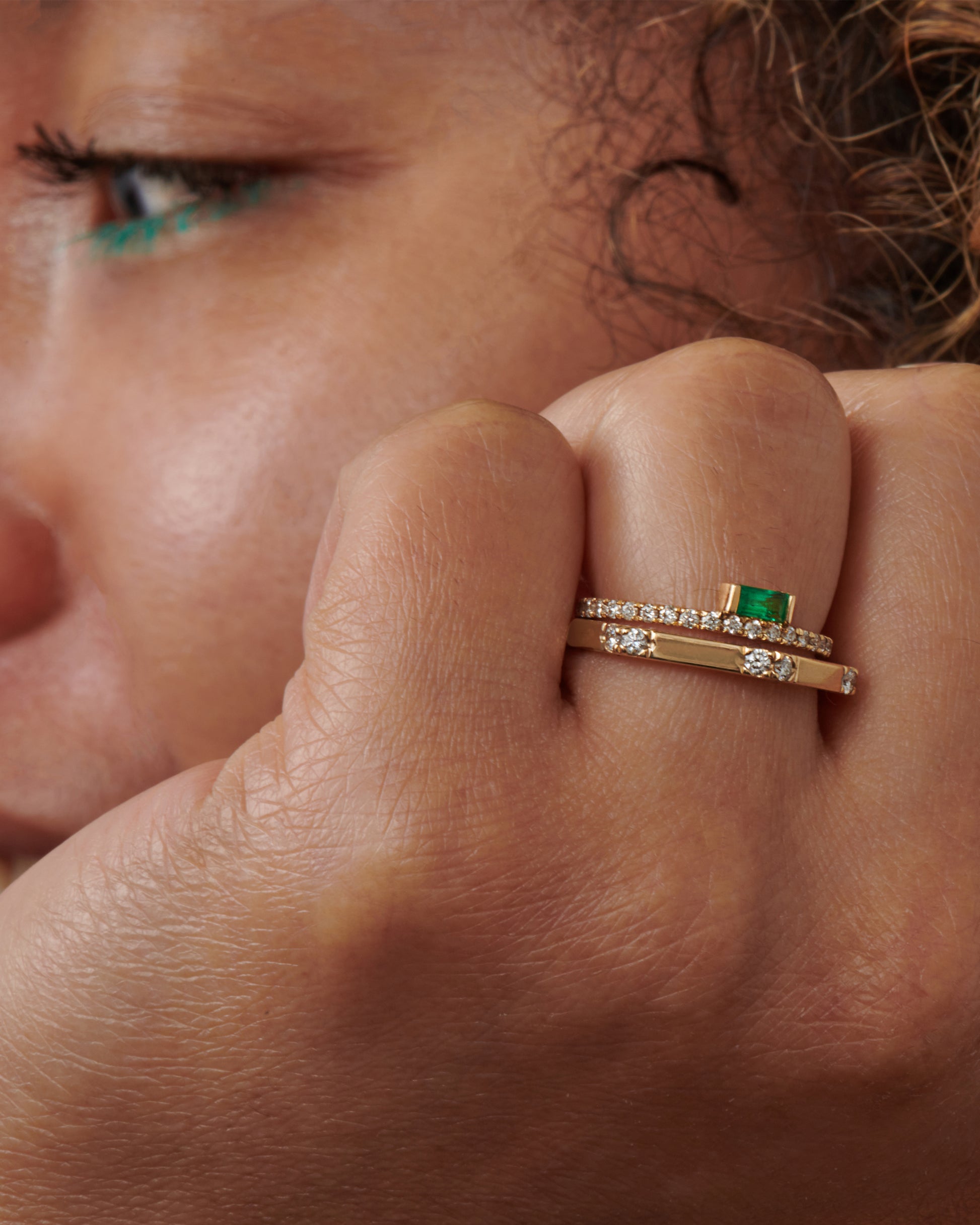A hexagonal ring with diamonds on each corner. This piece adds dimension to any stack.