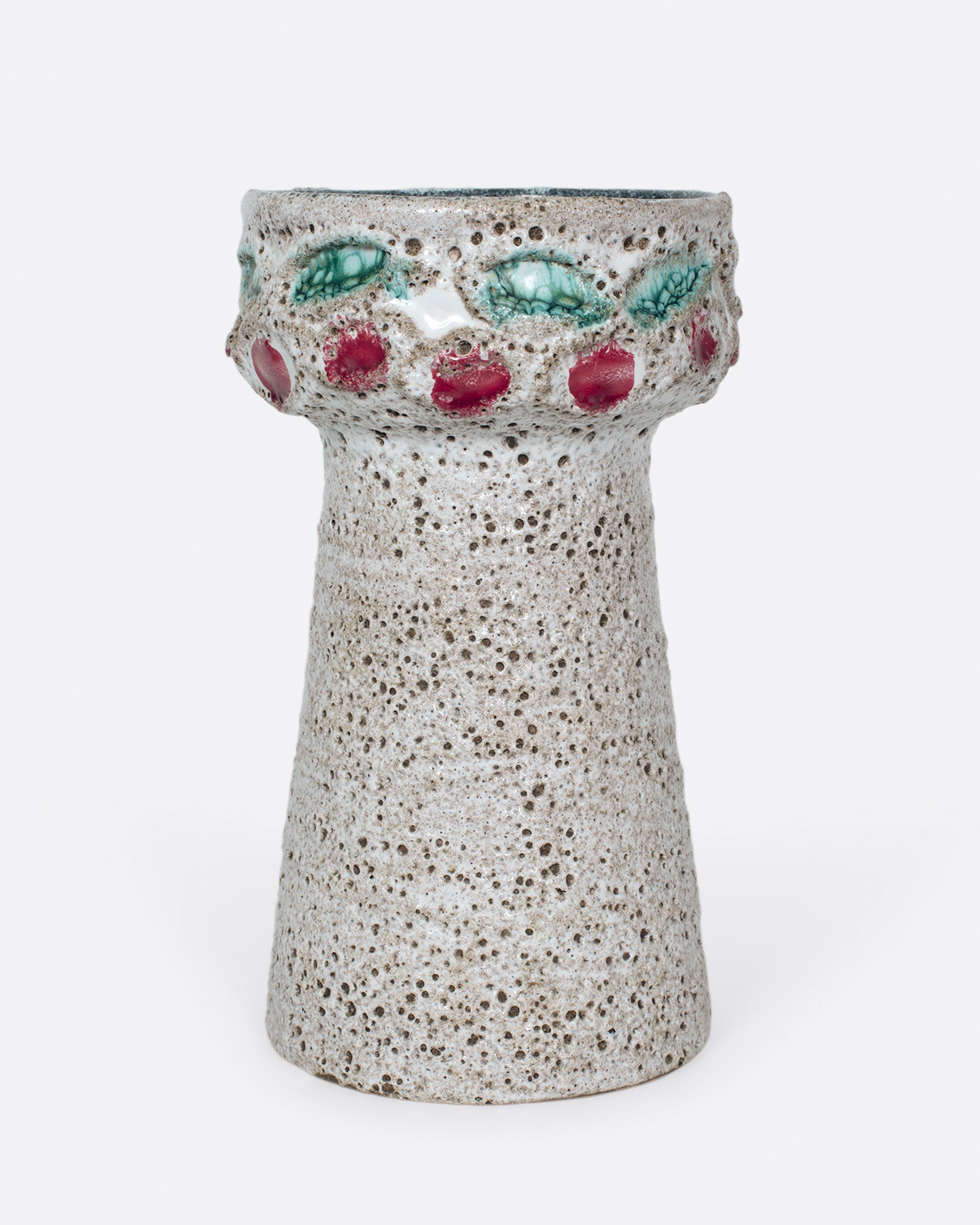 A mid-century German vase with a wide mouth and bubbly texture.