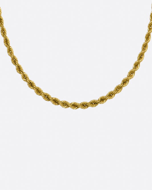 A 24 inch, yellow gold, twisted rope chain necklace.