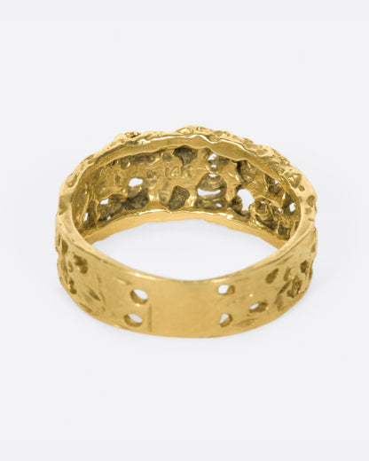 Vintage yellow gold molten textured band, back view of the band