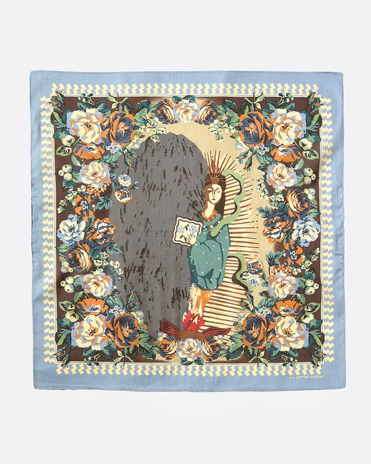 A floral print bandana with an image of the Japanese sun goddess, Amaterasu Omikami, shown from the front.