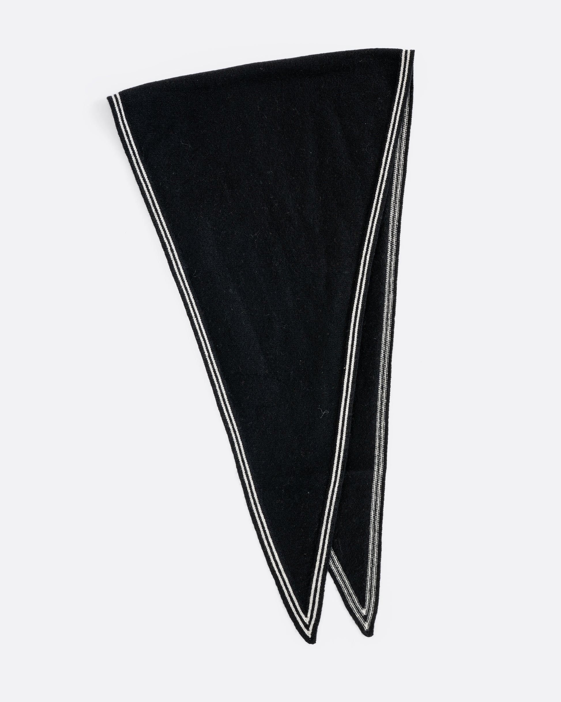 A cashmere black neck scarf with stripy white edges, shown folded.