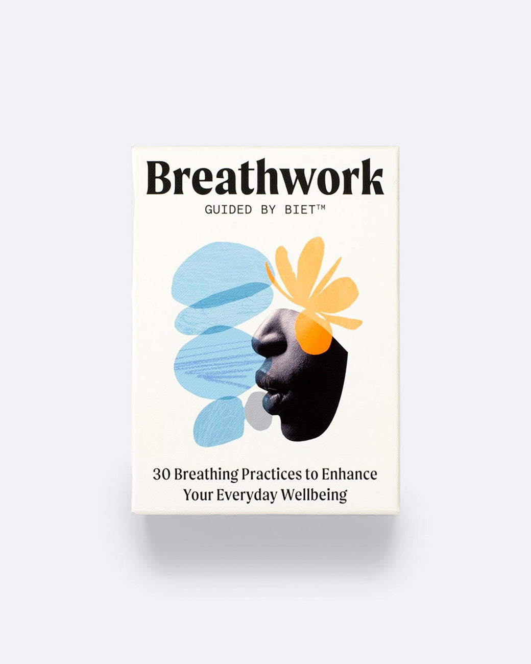 A box of cards that each have a guided breathing exercise. View of the front of the box.