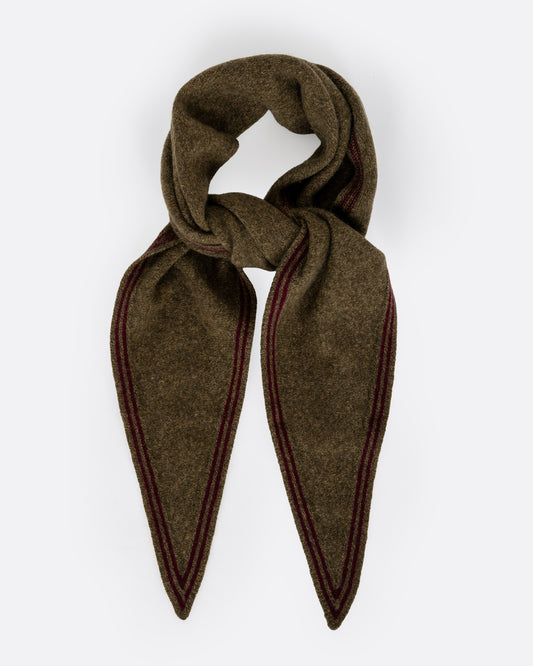 A cashmere olive green neck scarf with dark red edges, shown tied from the front.
