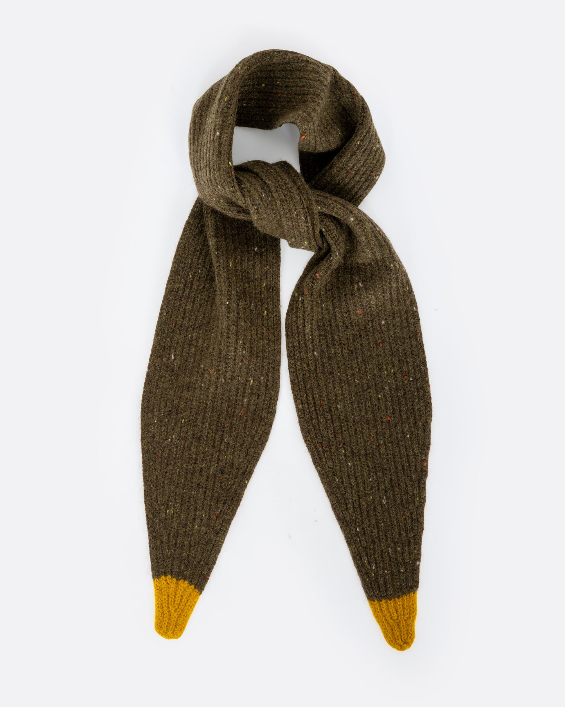 An olive green cashmere neck scarf with contrasting yellow points, shown tied from the front.