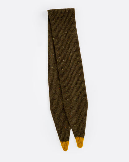 An olive green cashmere neck scarf with contrasting yellow points, shown folded.