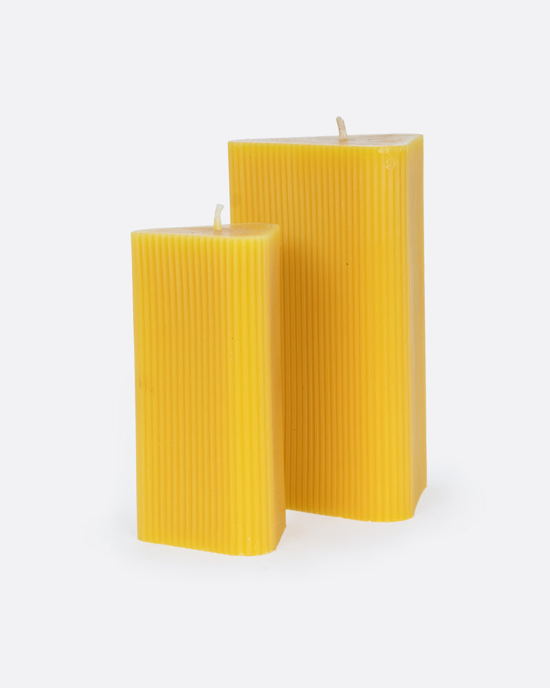 Waxing Moon fluted beeswax tri-pillar candles, tall triangular golden beeswax candles with fine ridges
