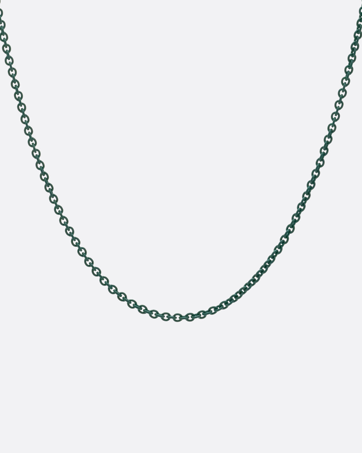 A moss green acrylic coated silver chain necklace, shown from the front.