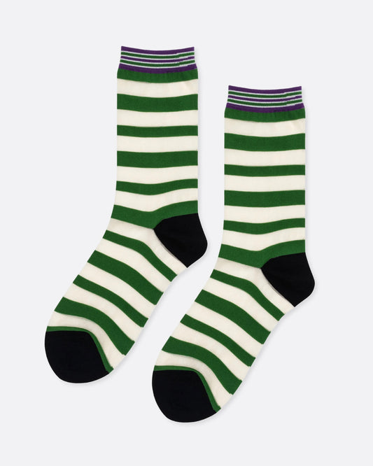A pair of sheer green striped socks with black toes and purple striped ankles. Shown from the side.