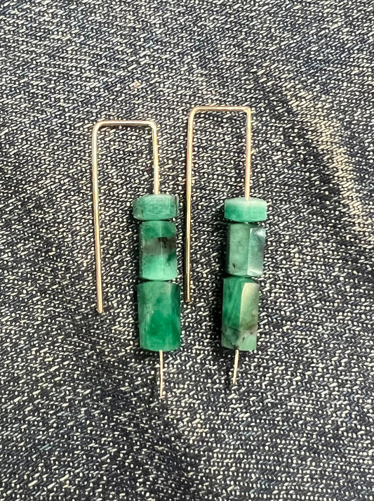 CHRISTINE FAIL 14K FAIRMINED YELLOW GOLD MEDIUM HOOK EARRINGS W/ TRIPLE EMERALD DROPS  - 1 5/8 INCHES LONG - PAIR