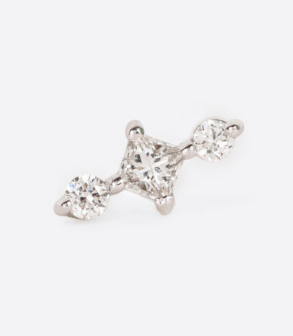 A white gold stud earring with three diamonds, shown from the front.