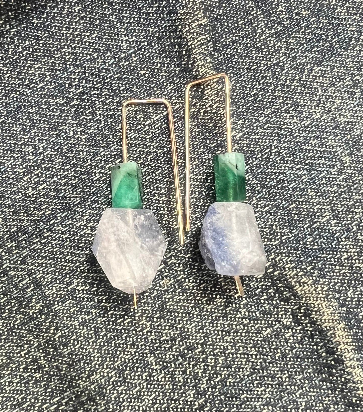 CHRISTINE FAIL 14K FAIRMINED YELLOW GOLD MEDIUM HOOK EARRINGS W/ EMERALD AND DUMORTIERITE  - 1 5/8 INCHES LONG - PAIR
