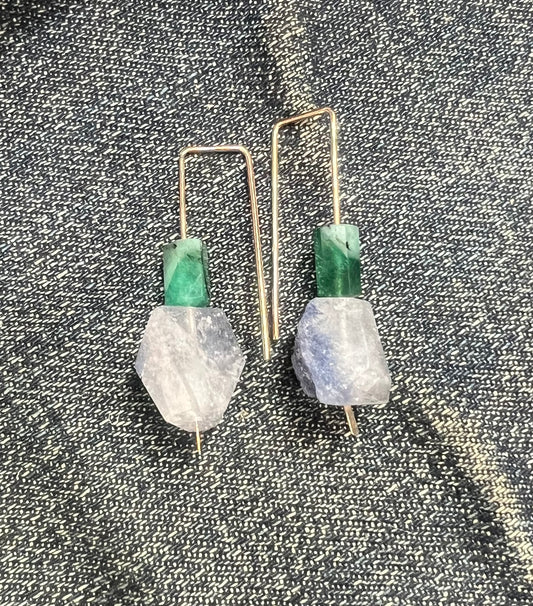 CHRISTINE FAIL 14K FAIRMINED YELLOW GOLD MEDIUM HOOK EARRINGS W/ EMERALD AND DUMORTIERITE  - 1 5/8 INCHES LONG - PAIR