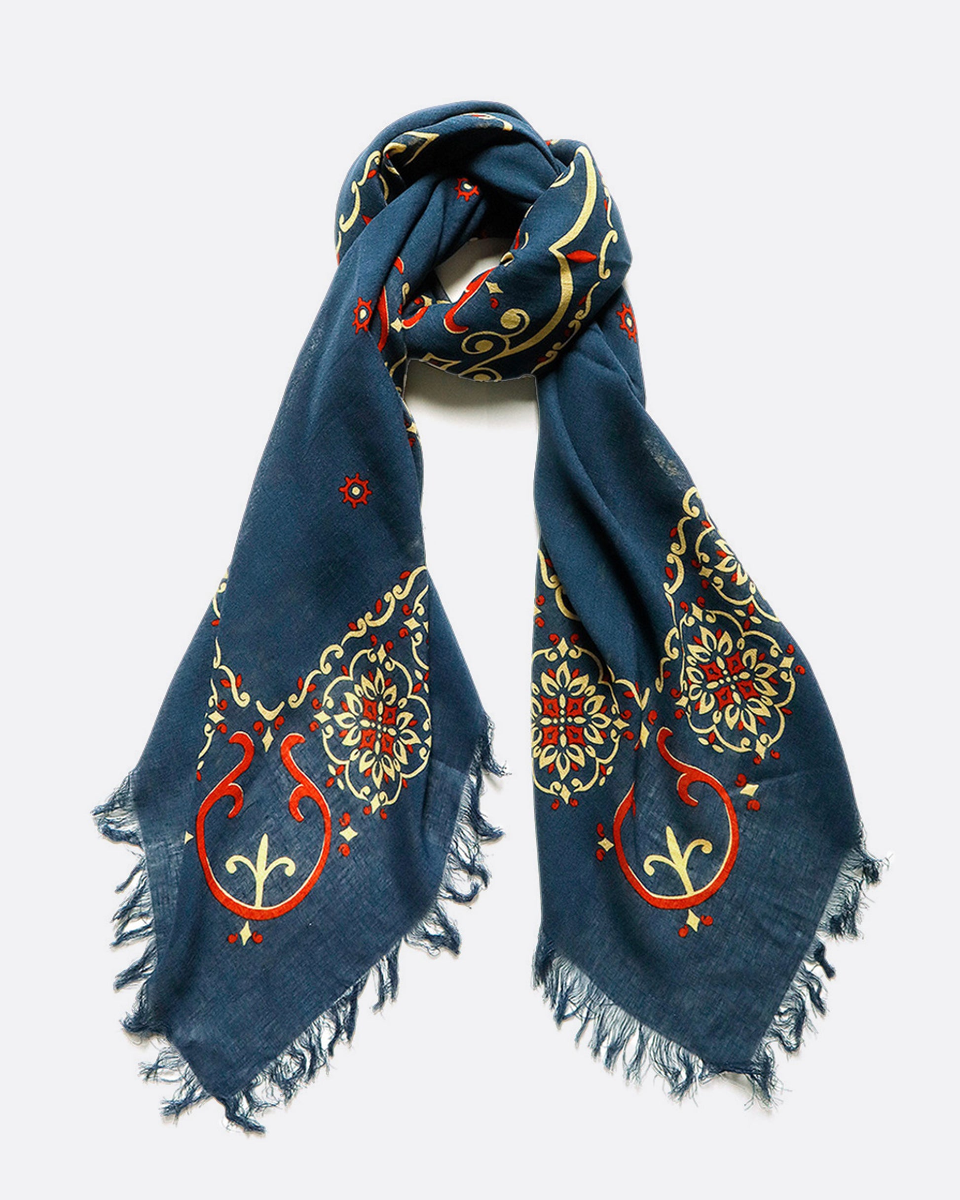 Lightweight navy scarf with fringe border.