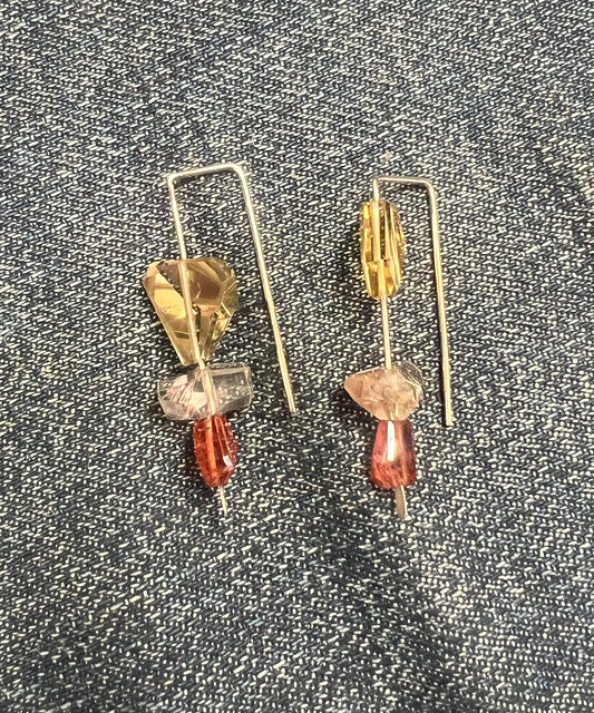 CHRISTINE FAIL 14K FAIRMINED YELLOW GOLD MEDIUM HOOK EARRINGS W/ OREGON SUNSTONE AND HESSONITE GARNET  - 1 5/8 INCHES LONG - PAIR
