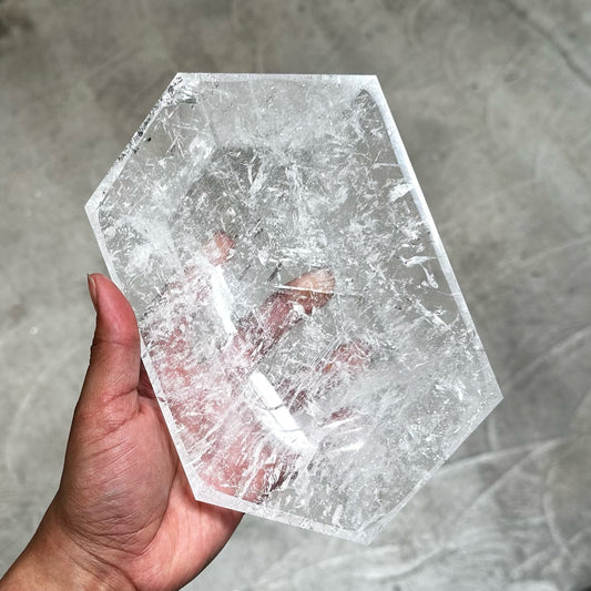 POLISHED CLEAR CRYSTAL QUARTZ GEOMETRIC STONE BOWL - SIX SIDES - 7.75IN X 5IN