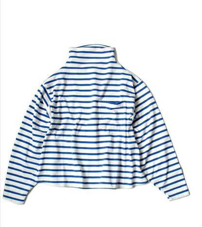 A blue and white striped long sleeve shirt with a front pocket, shown lying flat from the front.