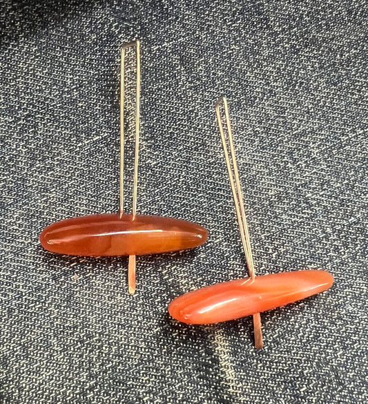 CHRISTINE FAIL 14K FAIRMINED YELLOW GOLD LARGE HOOK EARRINGS W/ CARNELIANS  - 2 INCHES LONG - PAIR