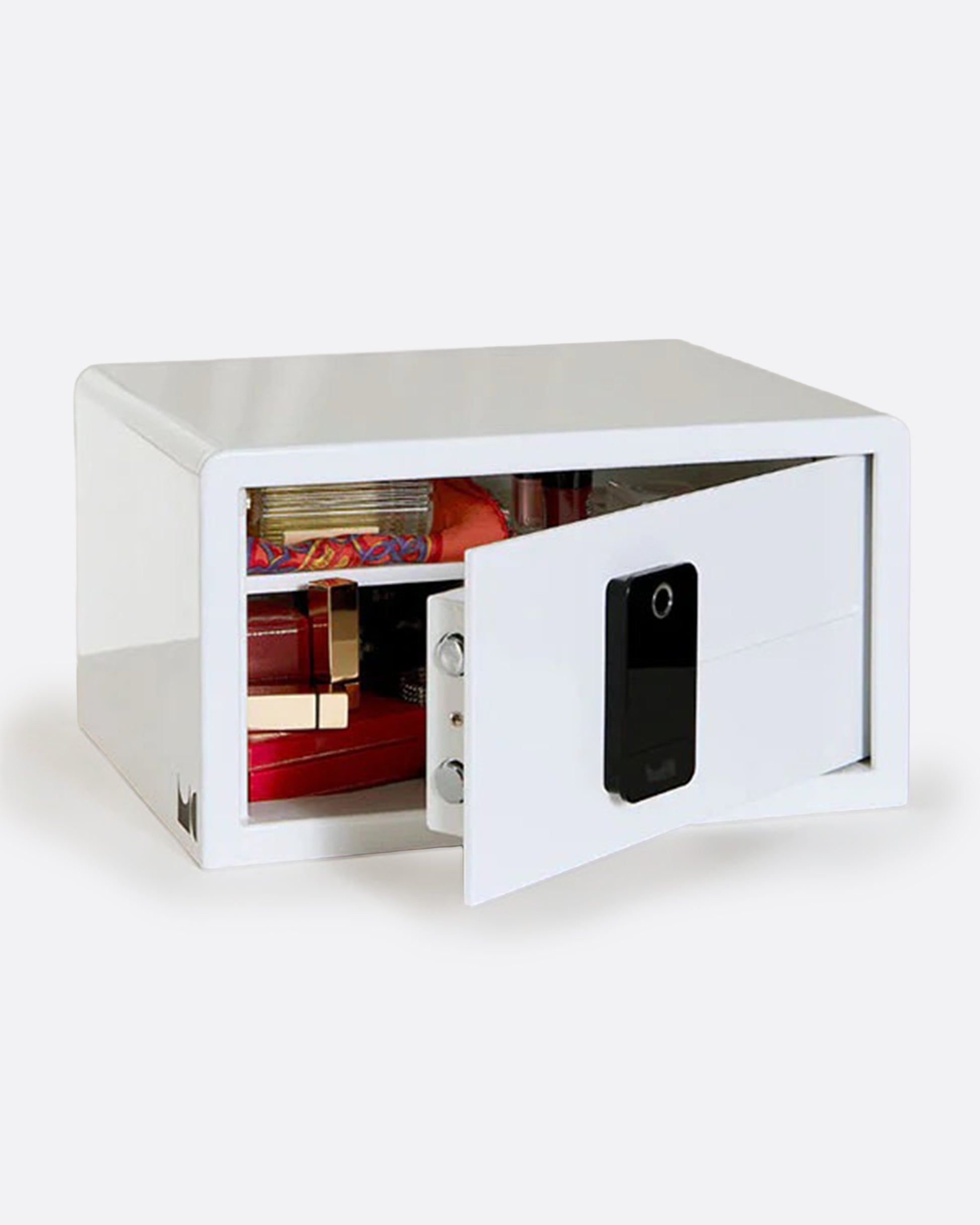 A white safe made of reinforced steel with a touchscreen keypad, shown from the front open with items inside.
